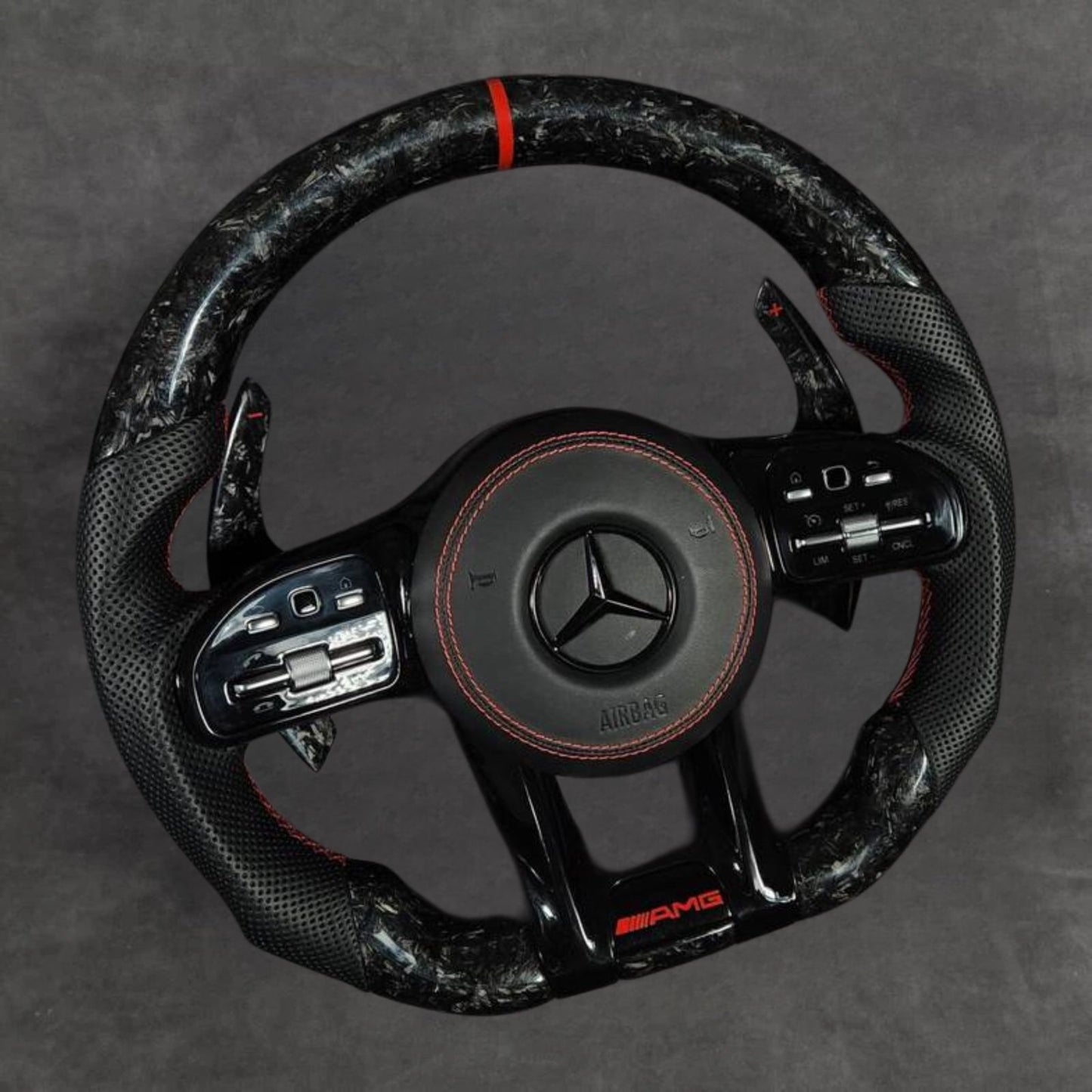 Red Forged Carbon Fiber AMG Performance Steering Wheel Leather